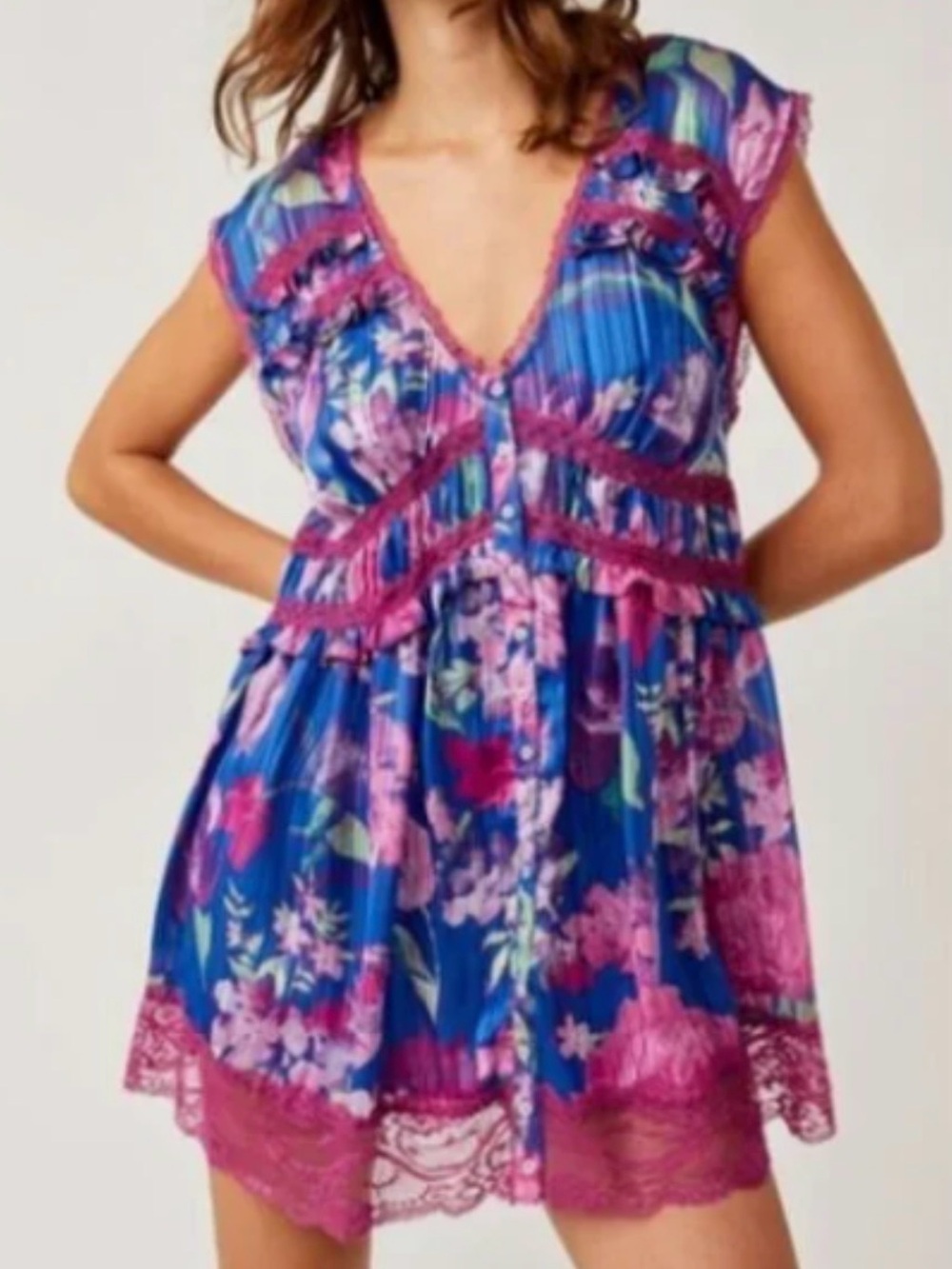 Free People Blue & Pink Floral V-Neck Mini Dress